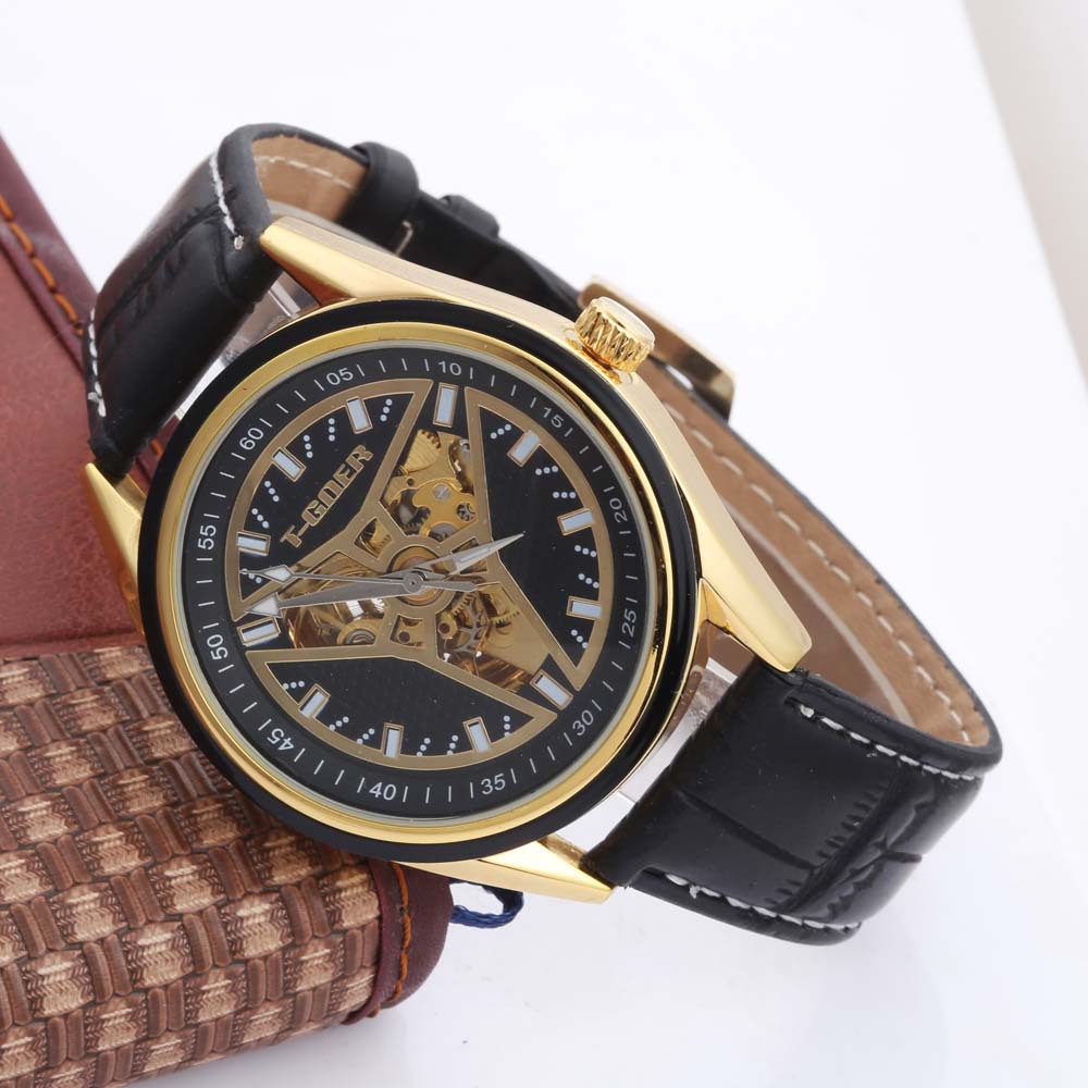 tgoer高尔男士手表简约风格全自动机械皮表带防水商务男腕表