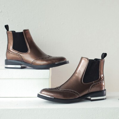 凯萨罗帝真皮短靴秋冬低跟圆头拼色复古英伦切尔西马丁靴英伦女