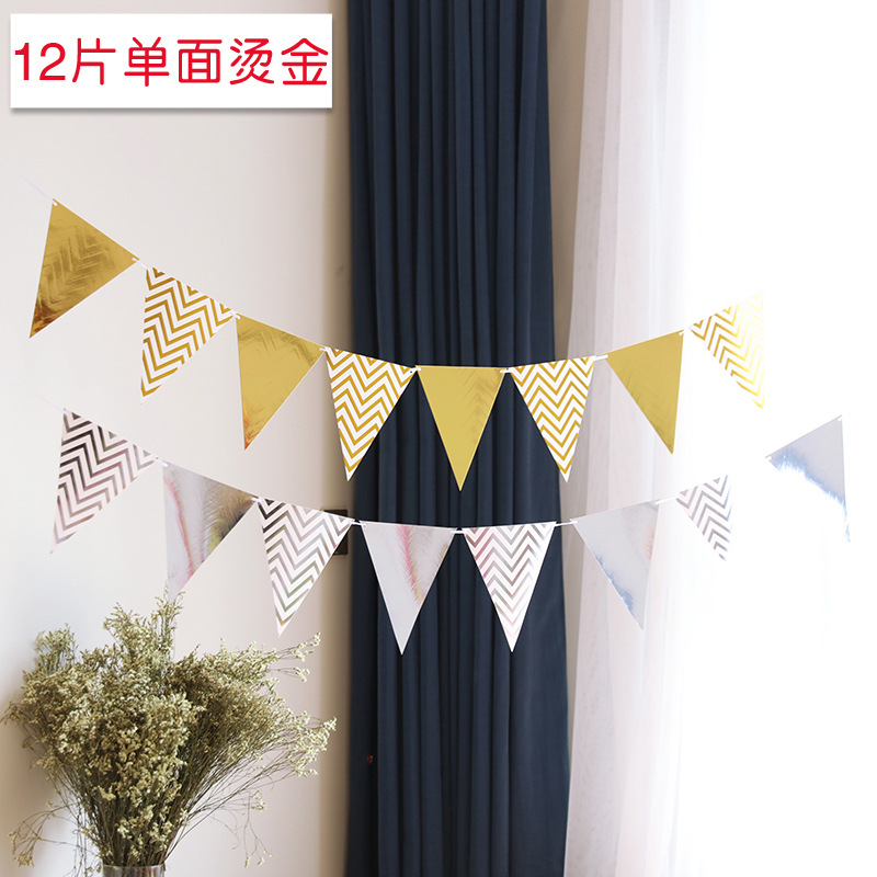 12 PCs Single-Sided Ins Internet Celebrity Bronzing Paper Pennant Baby Children Birthday Party Decoration Hanging Flag Wholesale