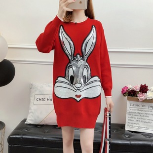 2018新款韩版秋冬装大码女装胖mm兔子亮片毛衣宽松针织衫毛衣裙潮