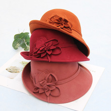 秋冬新款女士高端宴会礼帽优雅花朵盆帽毛毡帽半卷百搭羊毛呢帽子