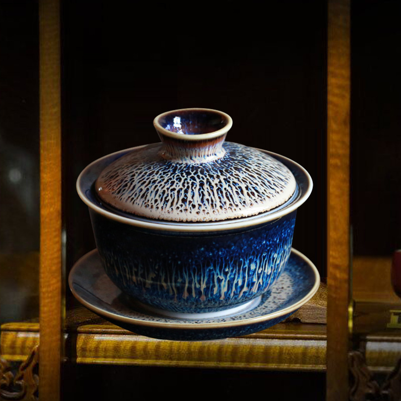 景德镇建盏盖碗陶瓷功夫茶具套装窑变天目三才碗高温颜色釉