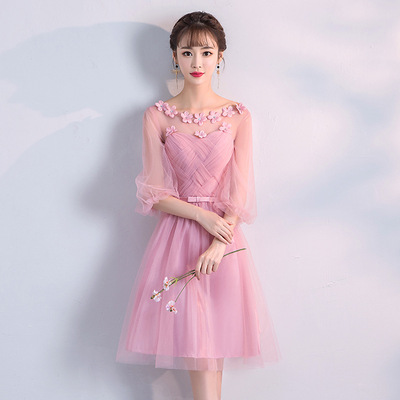 伴娘服短款2019新款韩版粉色伴娘礼服显瘦姐妹裙修身宴会小礼服女