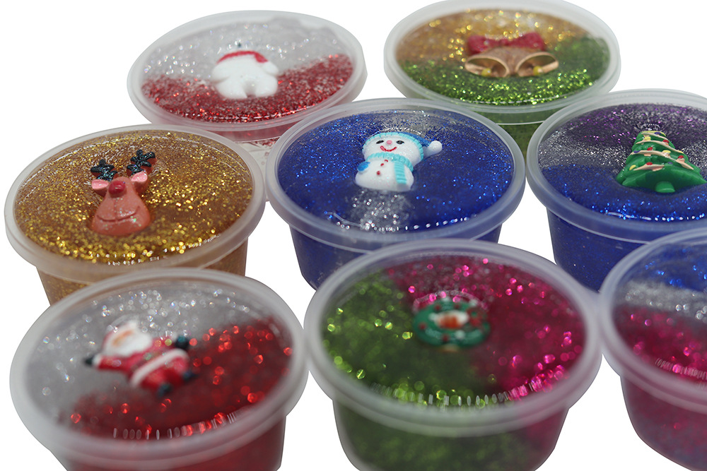 金粉拼色slime圣诞节橡皮泥史莱姆泰透解压玩具圣诞老人水晶泥
