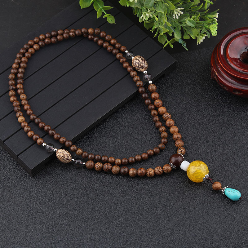 Retro Easy Matching Casual Ethnic Style Wooden Necklace Long Sweater Chain Women's Accessories Cotton and Linen Pendant Men's Agate Pendant