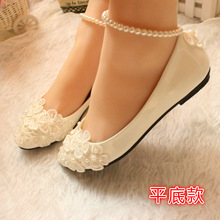 【星辰猫】白色珍珠脚链婚纱礼服鞋外贸大码平底女鞋多种跟高可选
