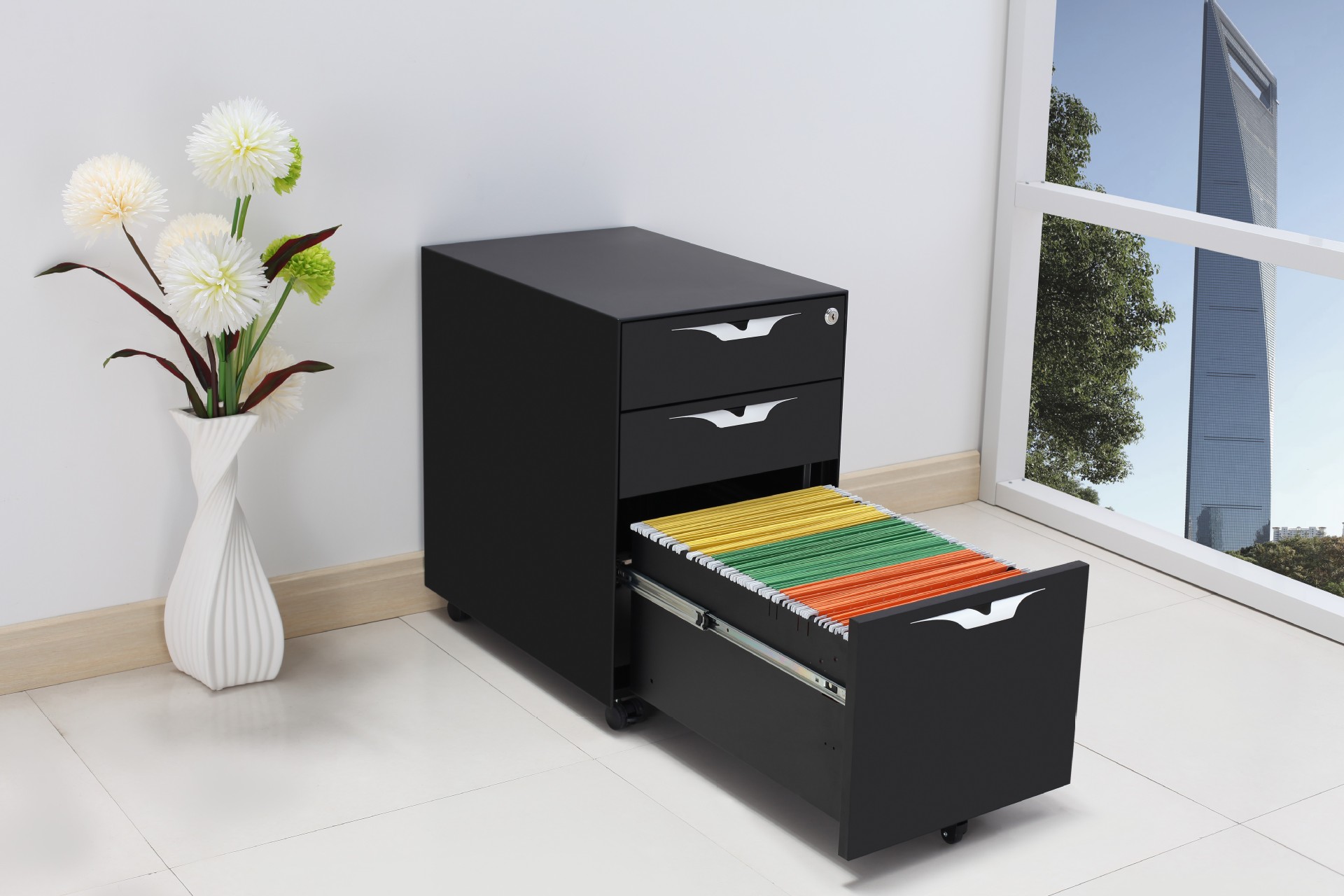 厂家直销钢制活动柜三抽屉桌底柜平板侧开资料柜办公室带轮小矮柜