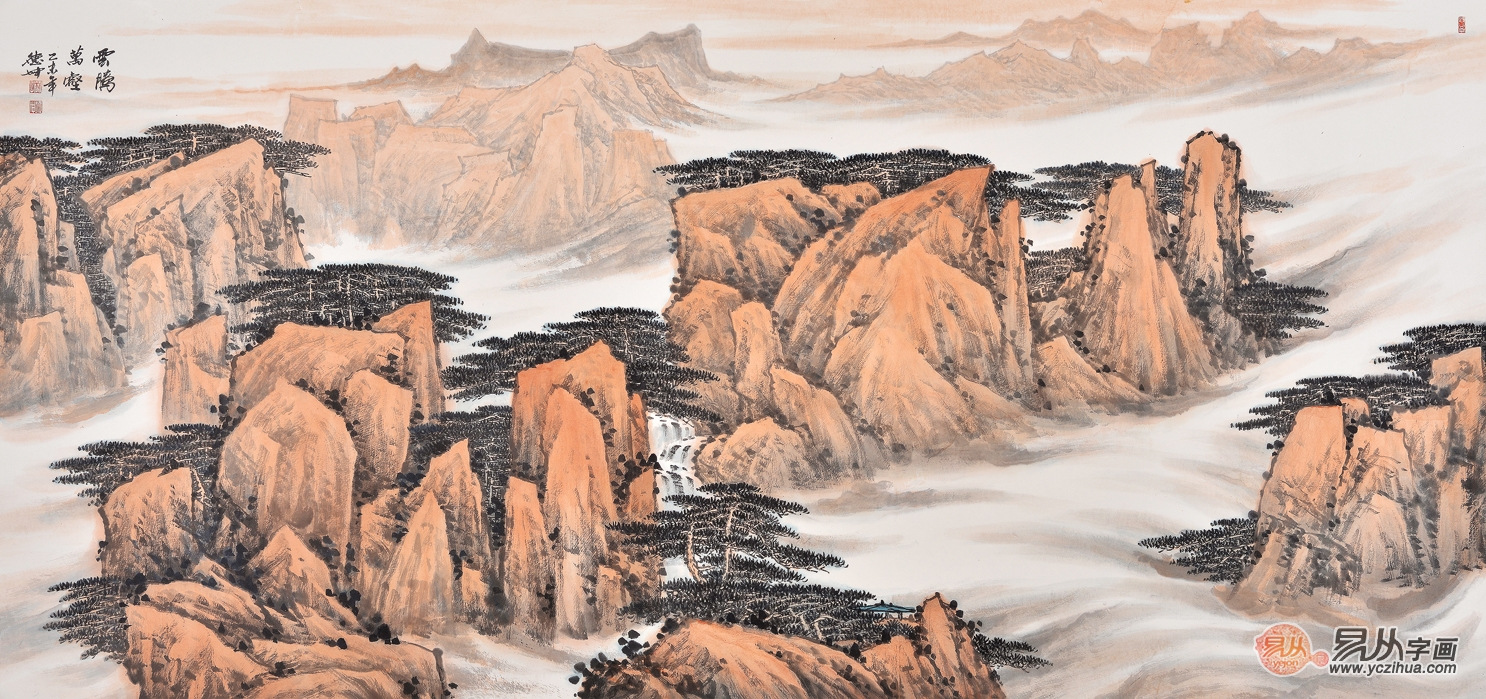 林德坤写意国画作品 六尺横幅山水画《云腾万壑》作品来源 :易从网