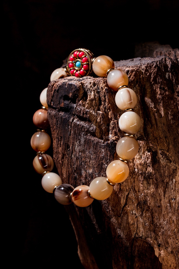 天然西藏牦牛角佛珠手链精品黑白花色纹正宗水牛角手串工艺品文玩