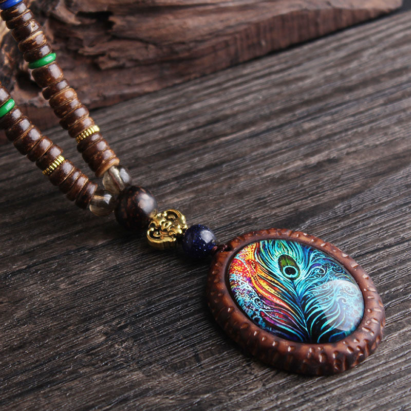 Long Wooden Bead Decorative Necklace Creative Peacock Feather Pendant Ethnic Sweater Chain Bohemian Accessories Pendant