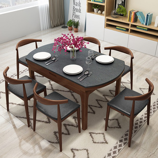 北欧现代火烧石餐桌简约大小户型家用吃饭桌子伸缩圆桌椅组合家具