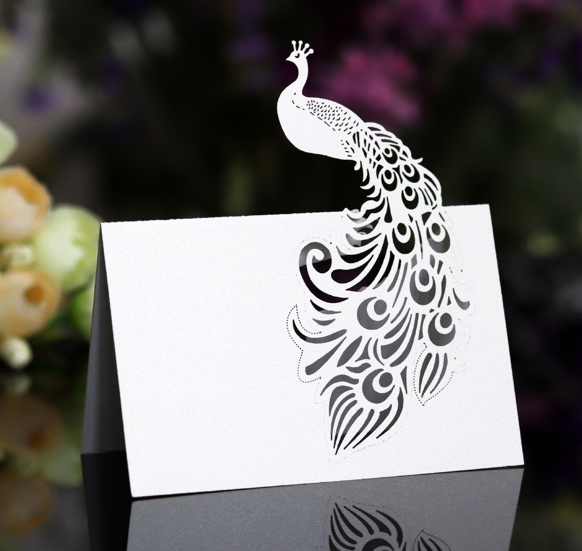 镂空桌位卡 立体孔雀镂空卡片 英文定制签到台 结婚蝴蝶桌卡批发