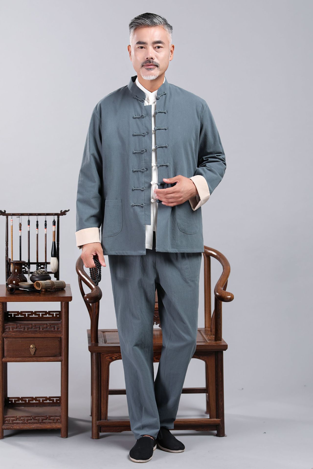 中国风棉麻加厚双层唐装男士套装春秋亚麻中式汉服禅修居士服茶服