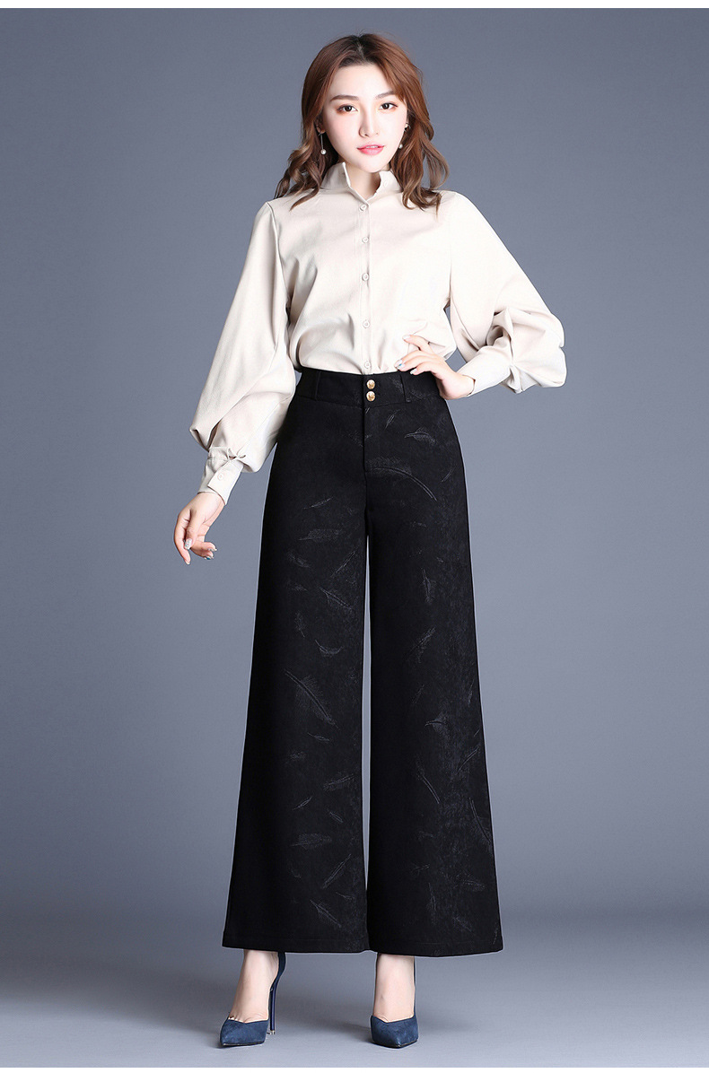 高腰阔腿裤女2018秋冬时尚新款黑色印花加厚大脚裤百搭显瘦长裤子