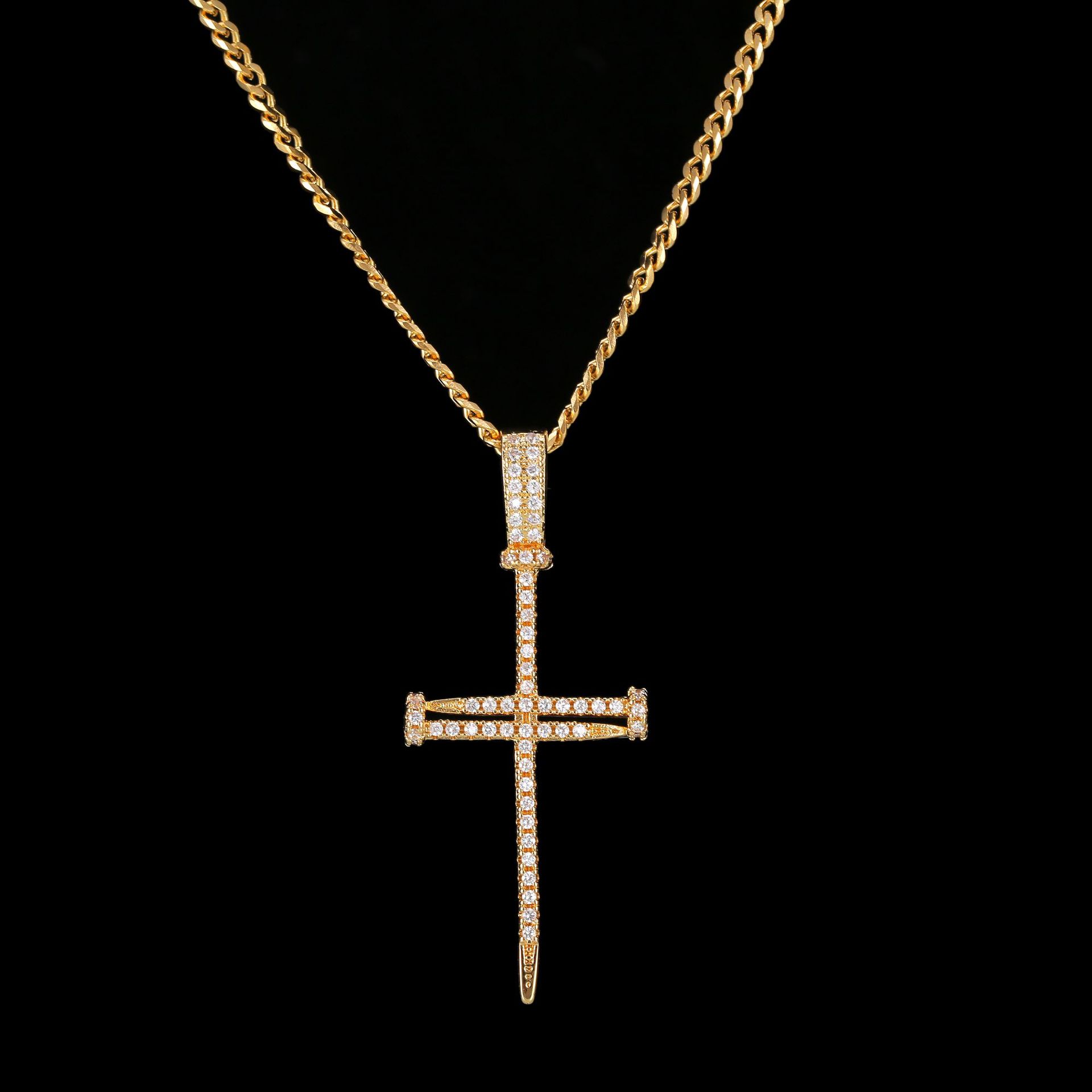 跨境货源嘻哈男士个性饰品铜微镶锆石钉子十字架吊坠项链