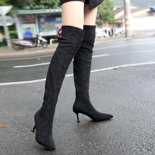 欧美2018冬季新款尖头绒面细高跟鞋高筒靴过膝长靴弹力系带瘦瘦靴