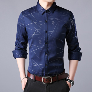 秋季花公子男式衬衫长袖唯品会商务休闲条纹青中年男士免烫衬衣