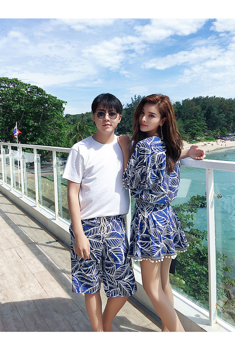 情侣泳衣女裙式比基尼三件套小胸聚拢保守高腰沙滩情侣装温泉泳装