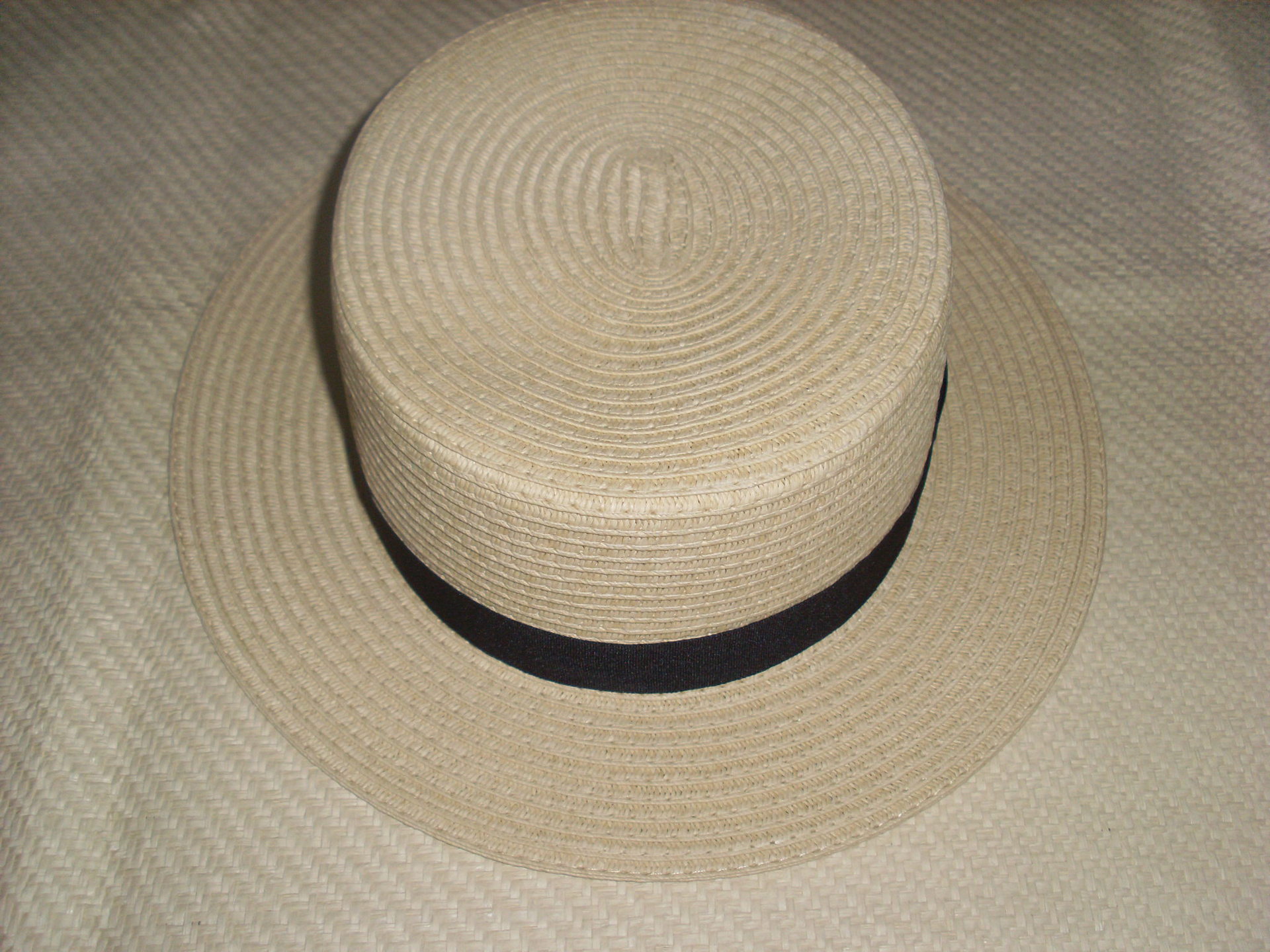 5cm短沿米色纸辫平顶黑色装饰带上胶纸辫材质编织草帽