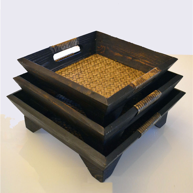 泰国实木竹编托盘茶盘酒店会所木质托盘复古创意手工东南亚家居摆