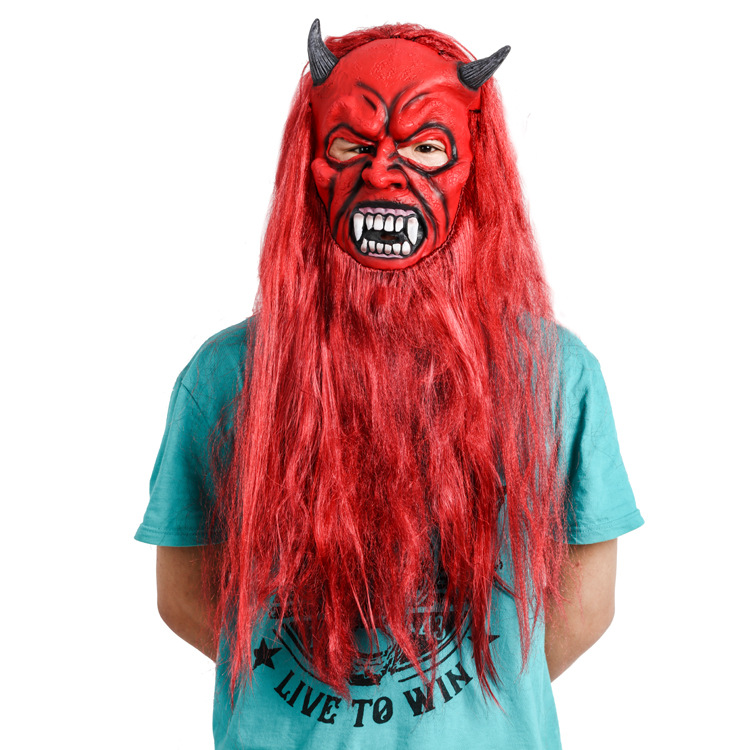 厂家直销红发怪兽长胡子万圣节恐怖面具环保乳胶派对全套头假面