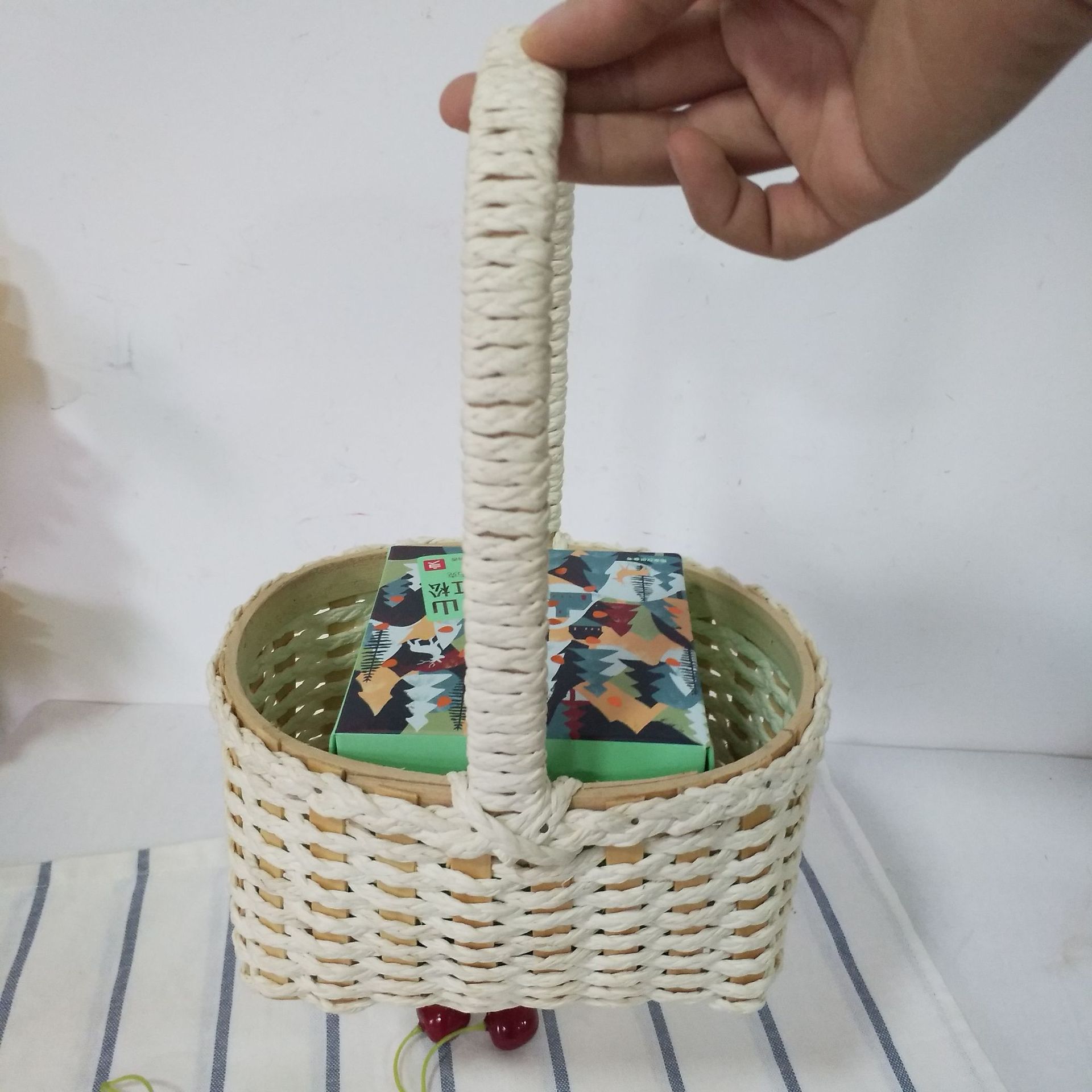 木片纸绳混编织手提礼品包装篮子插花篮子杂物收纳篮子