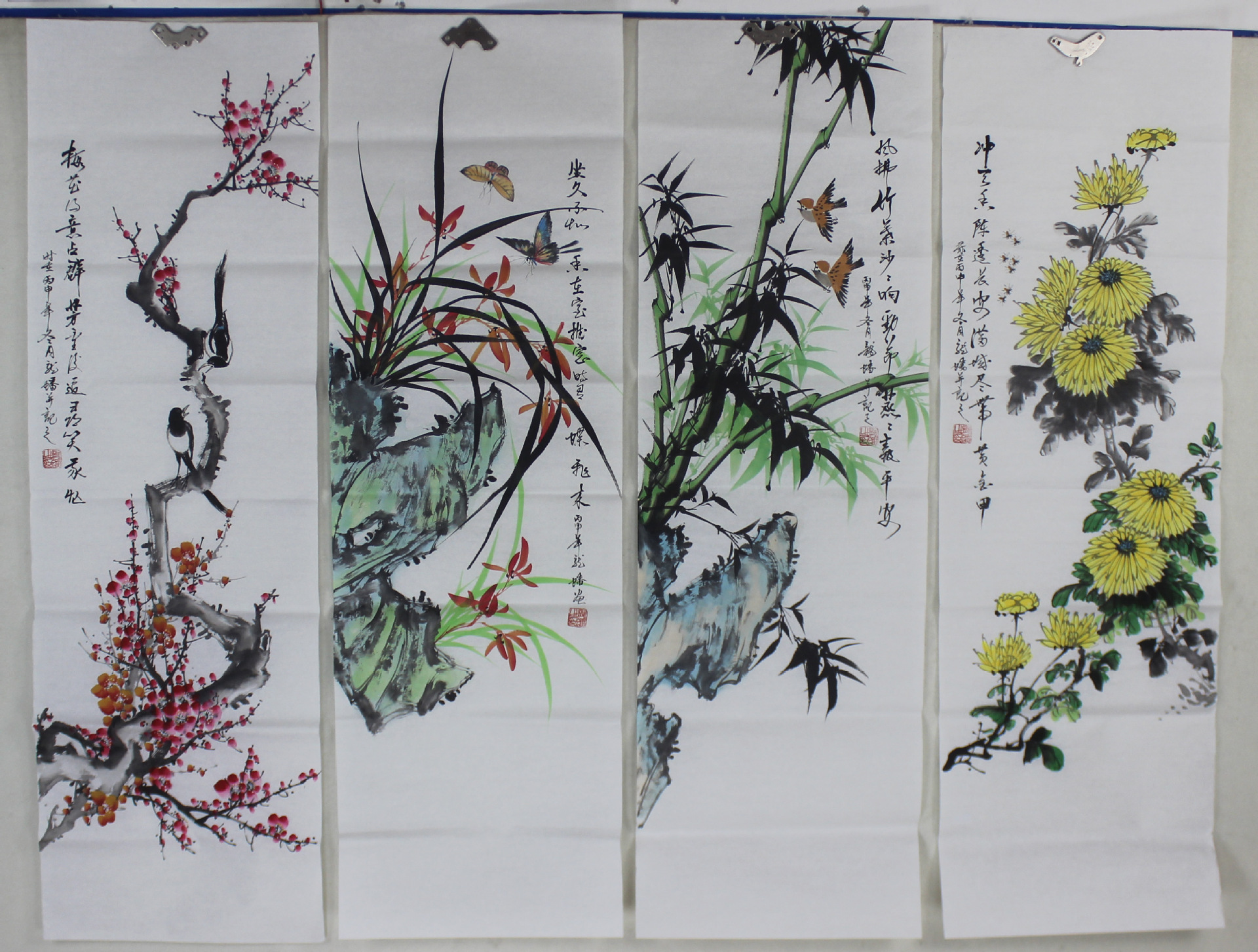 纯手绘四条屏花鸟画梅兰竹菊国画批发客厅办公室名人字画装饰画