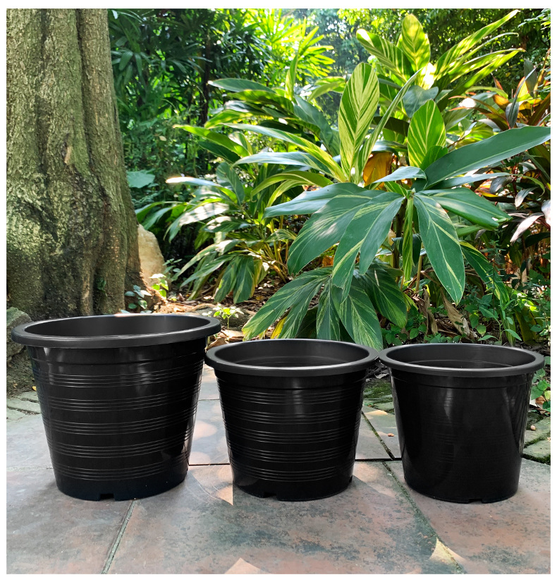 恒德利黑色塑料螺纹花盆批发北欧简约花盆园林用品创意花盆加仑盆