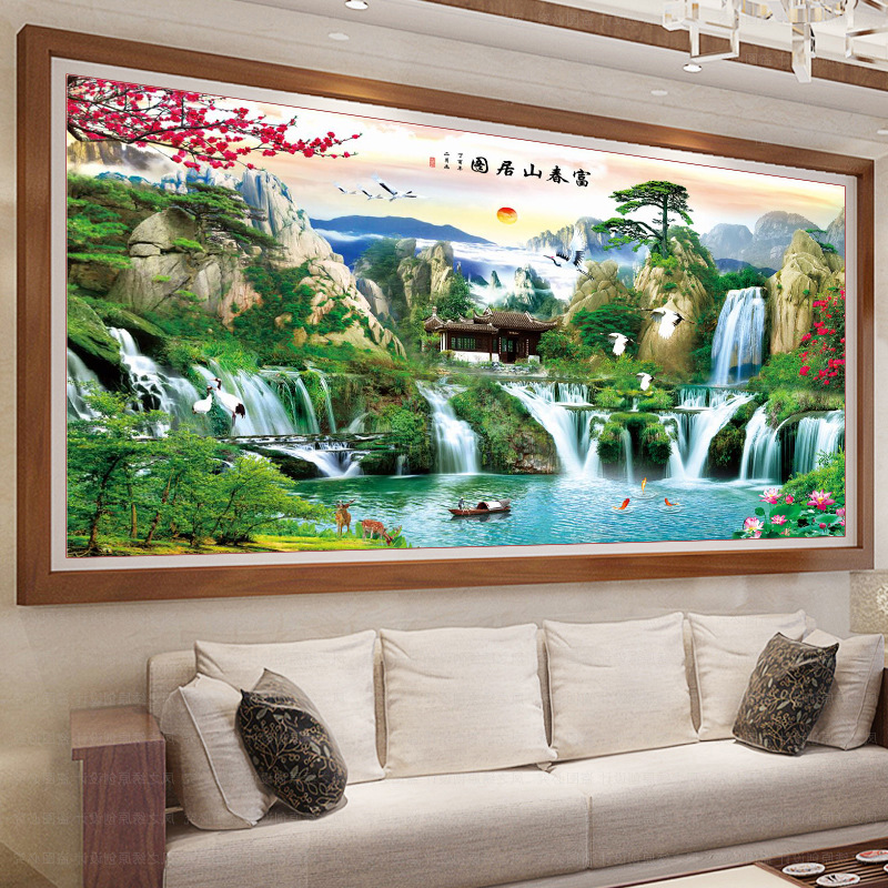 一件代发印花流水生财十字绣批发客厅风景山水画富春山居图迎客松