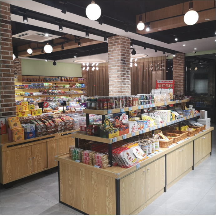常州超市货架食品展示架双面钢木架零食柜陈列架便利店商品置物架