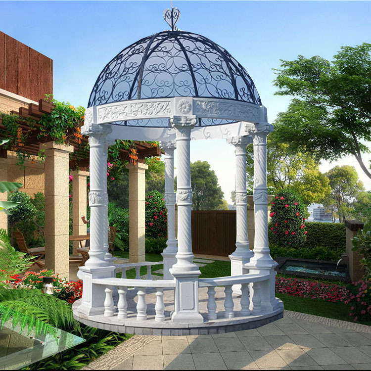 石雕欧式铁艺圆顶凉亭园林花岗岩石亭子雕塑别墅小区装饰摆件定制