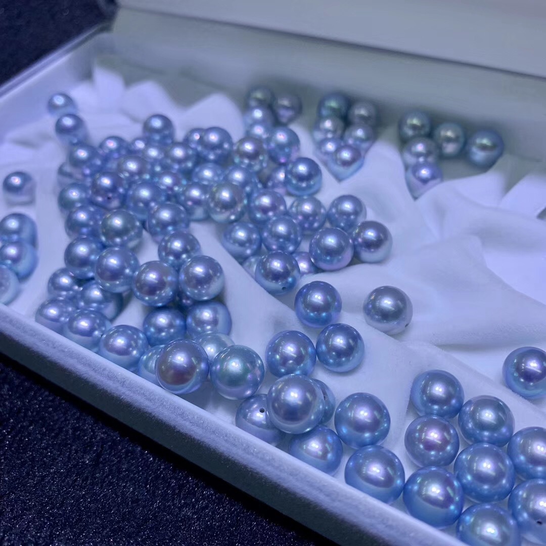 厂家直销真多麻海水珍珠79mm银灰蓝色正圆基本无瑕强光散珠
