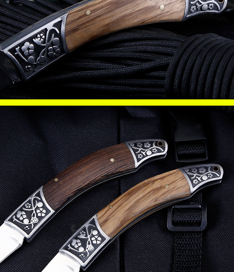 户外折叠刀便携式口袋刀野营高硬度折刀野外生存压花木柄亮光小刀