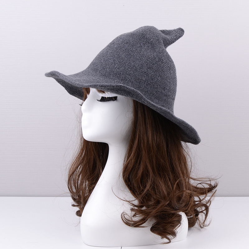 万圣节新款女巫尖尖帽秋冬羊毛可折叠帽子女潮针织尖顶魔法帽子