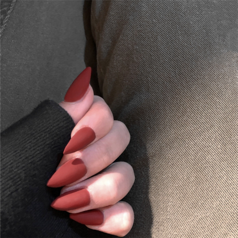 261-正红尖头磨砂 穿戴美甲ins风欧美新娘日韩假指甲贴片