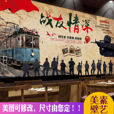 军人军旅风格装饰壁纸战友情主题餐厅饭店装修布置军事迷彩墙纸贴