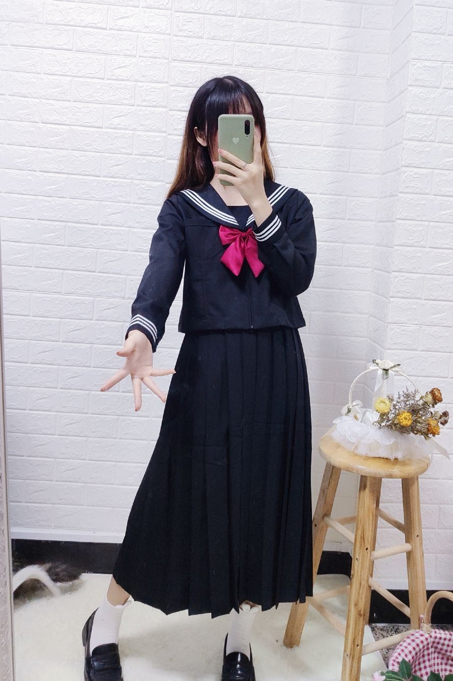 黑三本jk制服日本正统学生女校服黑色白三本水手服学院风长裙套装