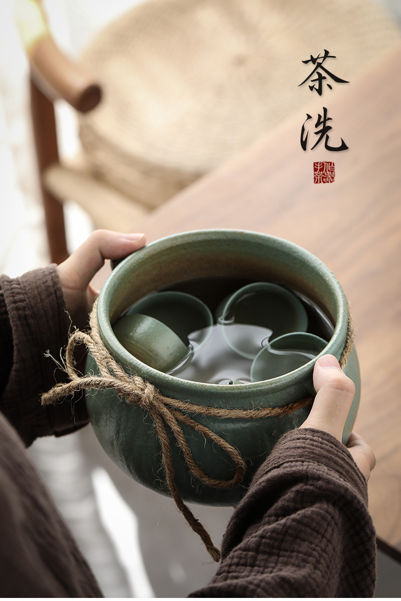 黑陶茶洗 笔洗杯洗复古茶渣缸陶瓷建水茶钵水盂中式粗陶茶具配件