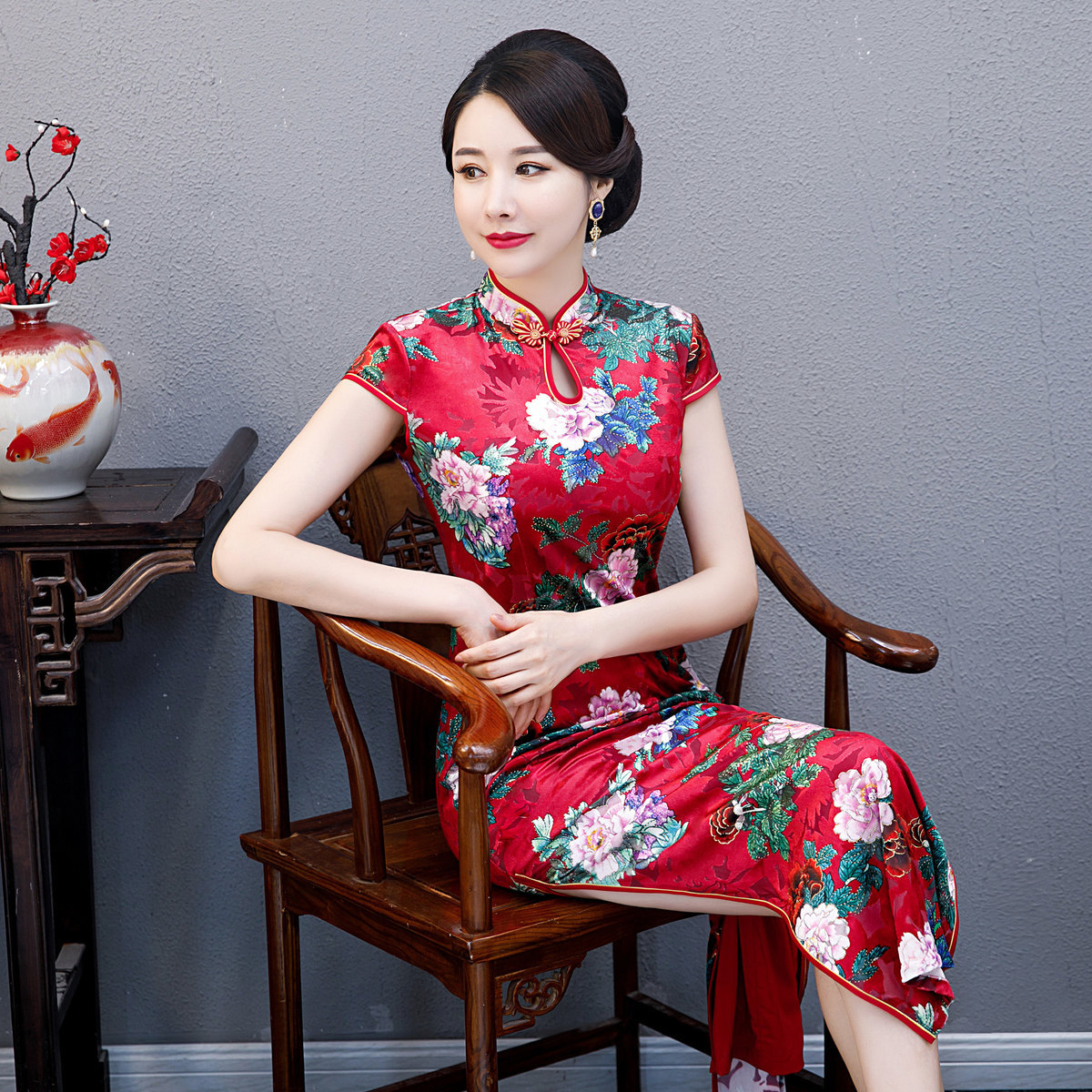 开雨2019年新款秋冬金丝绒短袖长旗袍舞台表演走秀妈妈装长旗袍