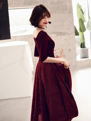 酒红色晚礼服裙女宴会2019新款结婚敬酒服新娘高贵气质长袖连衣裙