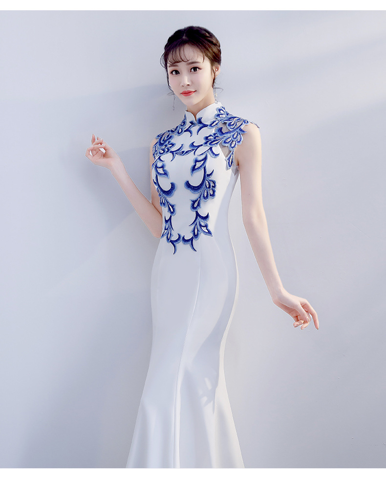 白色旗袍女年轻款新式鱼尾少女长款演出时尚优雅改良中国风晚礼服