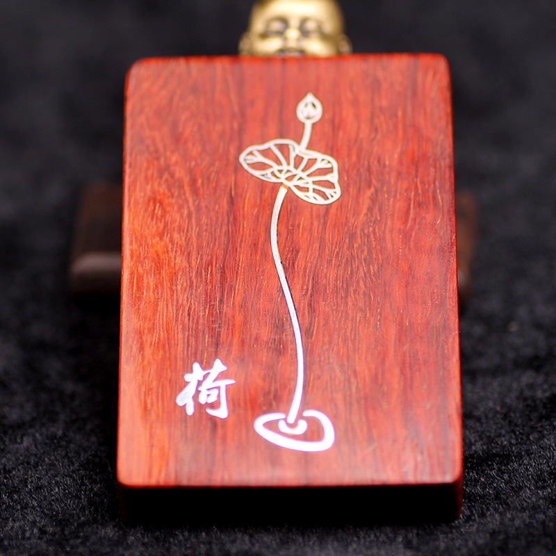 小叶紫檀木镶银挂件紫檀镶嵌荷花四六无事牌挂饰无事牌坠厂家批发
