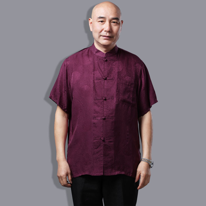 中老年男装夏装真丝上衣短袖中年男士唐装真丝衬衫中国风复古宽松