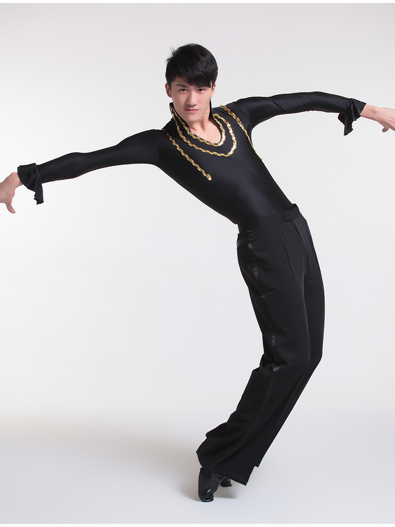 红舞鞋男士拉丁舞上衣 氨纶长袖现代舞练功舞蹈表演国标上衣6641