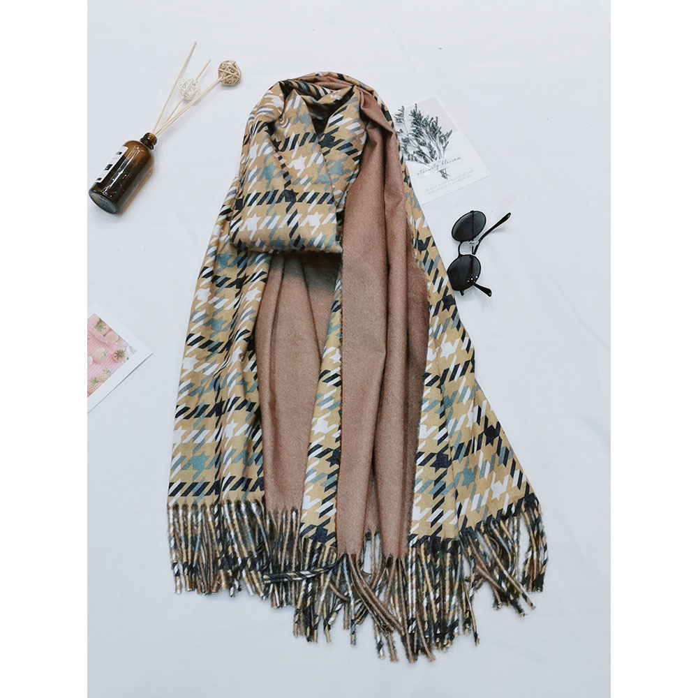 2019新品情侣款仿羊绒围巾长流苏双面千鸟格印花超大加厚披肩围巾