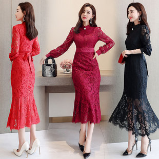 气质晚礼服2019春季女装新款时尚立领长袖优雅淑女燕尾蕾丝连衣裙