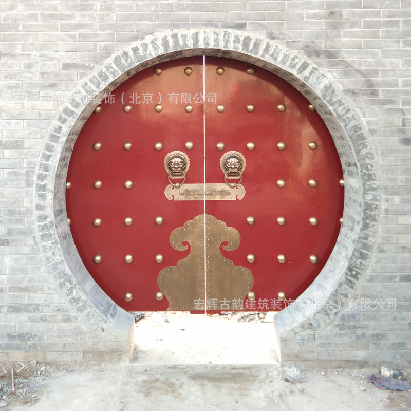 古典庭院实木满月门 仿古榆木圆形大门 定制月洞门 北京木门厂家
