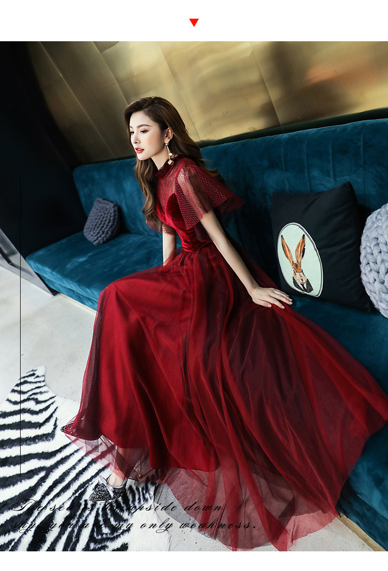 宴会晚礼服女2021新款气场女王气质生日派对长款纱裙敬酒服酒红色
