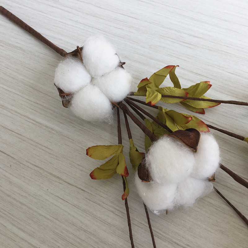 棉花干花 新款3头棉花枝亚马逊采购仿真棉花树枝客厅装饰跨境电商