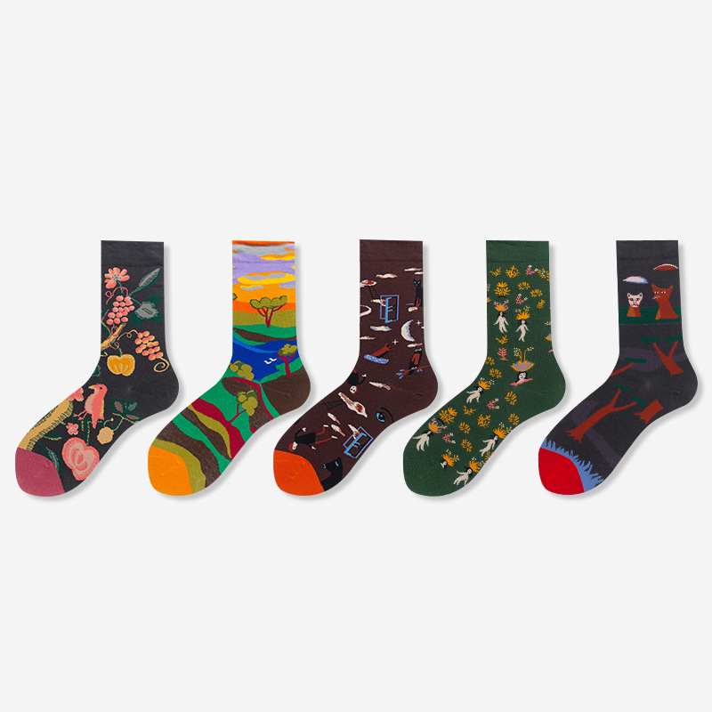 19 Autumn and Winter Xiaohongshu French Art Trend Ins Internet Celebrity Personality Street High Quality Cartoon Female Middle Tube Cotton Socks B
